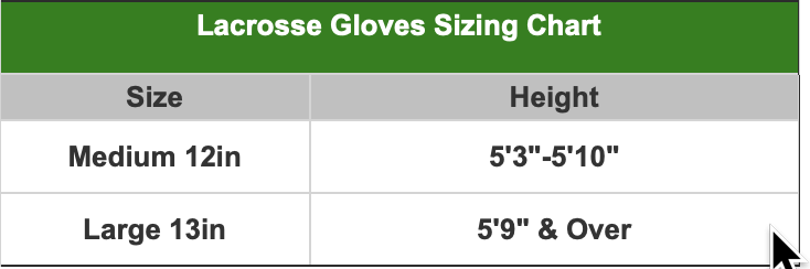 Lacrosse Glove Size Chart